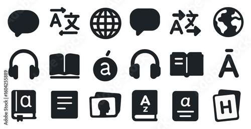 Language communication icons set – solid, filled, translation and speech symbols