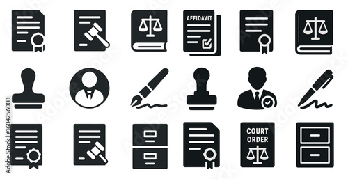 Legal and justice icons set – solid, filled, law and courtroom symbols