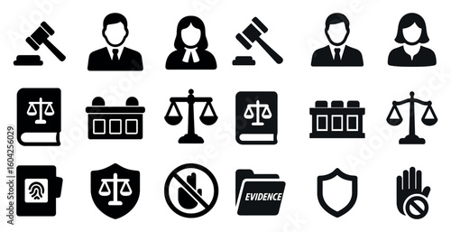 Legal and justice solid icons set – flat, filled, law and courtroom symbols