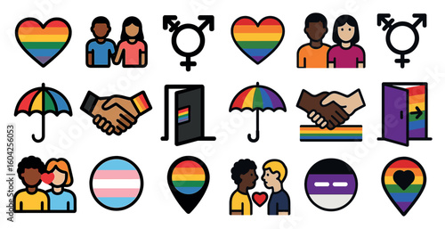 Pride and inclusivity icons set – flat, colorful, diversity and lgbtq+ symbols
