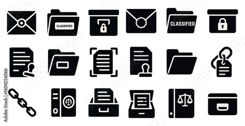 Document management solid icons set – archive, files, organization tools