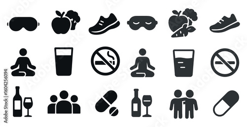 Wellness and health solid icons set – filled, fitness and lifestyle symbols
