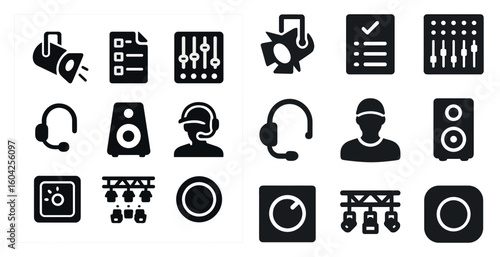 Audio and sound silhouette icons set – filled, music, speaker design elements