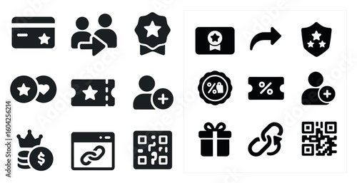 Loyalty program solid icons set – filled, membership, rewards symbols