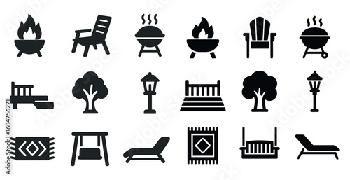 Outdoor leisure solid icons set – flat, filled, garden and backyard symbols