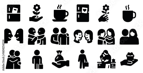 Relationship and social interaction solid icons set – filled, flat, communication symbols