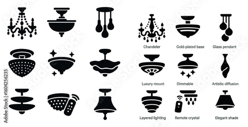 Chandelier icons set – silhouette, lighting, home decor symbols for interiors