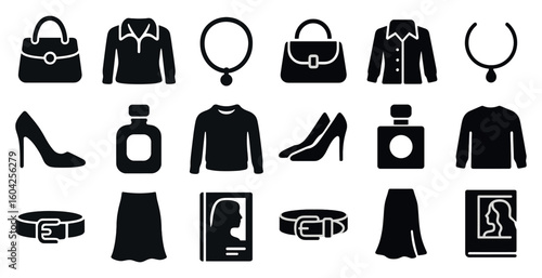 Fashion accessories filled icons set – solid, silhouette, women's clothing symbols