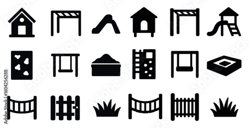 Playground and recreation solid icons set – silhouette, filled, park and outdoor symbols