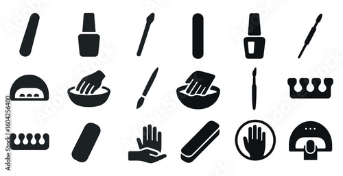 Manicure and pedicure tools icons set – solid, filled, nail care symbols