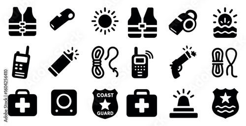 Nautical safety icon set – solid, silhouette, marine and emergency symbols