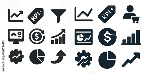 Business metrics icons set – solid, kpi, data analysis and performance symbols