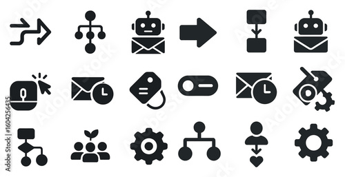 Automation and workflow icons set – solid, filled, robot and process symbols