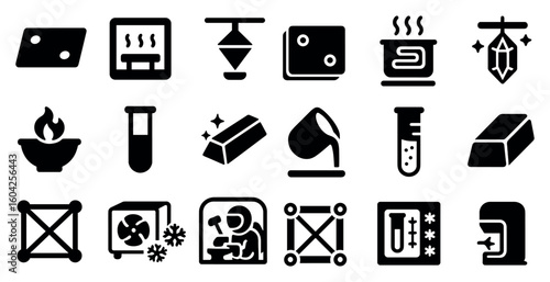 Metallurgy solid icons set – filled, industrial, metalwork symbols