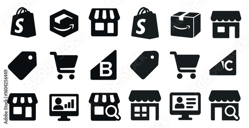 E-commerce solid icons set – filled, commercial, online shopping symbols