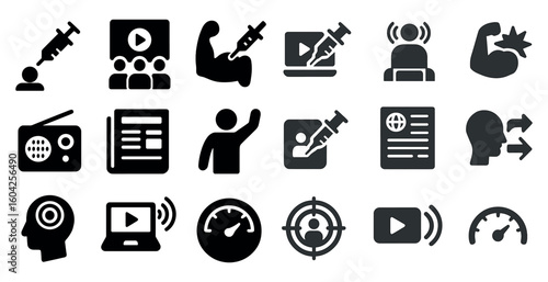 Healthcare and communication solid icons set – medical, silhouette, technology symbols