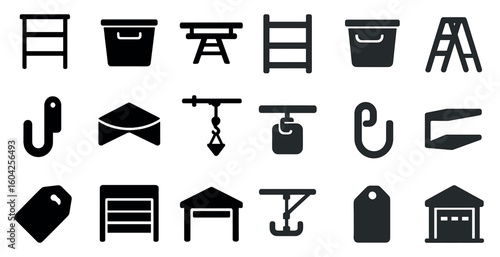 Warehouse and logistics solid icons set – filled, flat, storage and inventory symbols