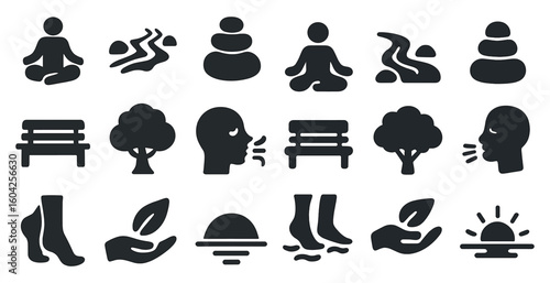 Wellness and relaxation solid icons set – silhouette, filled, meditation symbols