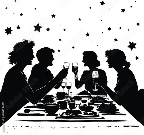 Silhouette of four people toasting with wine glasses at a table with food and stars above them