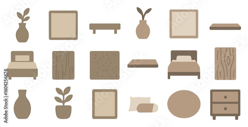 Home decor silhouette icons set – minimalist, furniture, interior design symbols