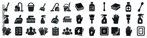 Cleaning and hygiene icons set – solid, filled, household and sanitation symbols