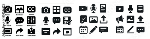 Audio and video production icons set – solid, filled, multimedia, recording symbols