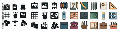 Office and workspace icons set – flat, filled, productivity and desk essentials symbols