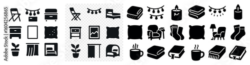 Home and furniture silhouette icons set – solid, cozy, household essentials symbols