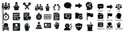 Debate and discussion solid icons set – argument, outline, public speaking symbols