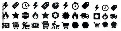 Shopping and sale solid icons set – filled, retail, discount symbols for e-commerce