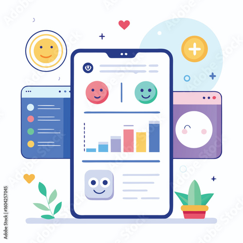Flat vector of mental health app dashboard with mood tracking and progress charts