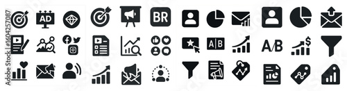 Business and marketing icons set – solid style, analytics, digital strategy symbols