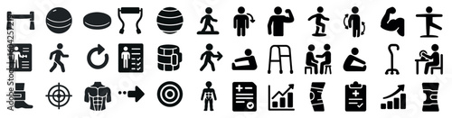 Fitness and rehabilitation solid icons set – therapy, gym, recovery symbols