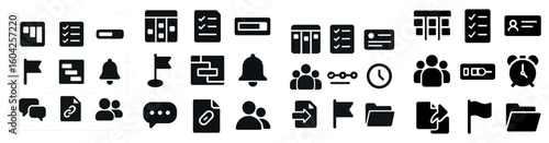 Business and management solid icons set – flat, filled, corporate strategy symbols