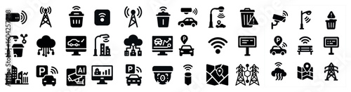 Smart city solid icons set – filled, urban technology and network symbols