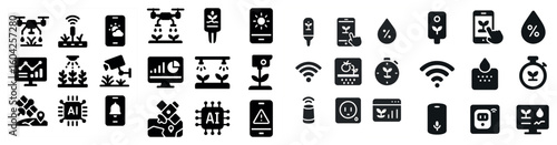 Smart farming solid icons set – filled, agriculture, digital agriculture tools