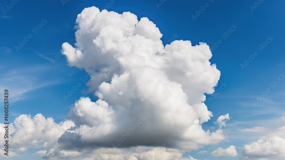 Obraz premium Fluffy cumulus cloud against a clear blue sky, creating a serene summer atmosphere.