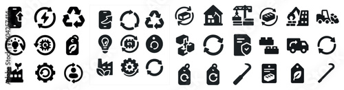 Recycling and sustainability solid icons set – eco, environment, green energy symbols