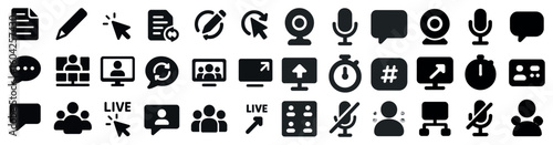 Communication and conference icons set – solid, filled, talk and meeting symbols