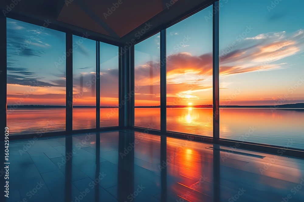 A modern, minimalist black aluminum window frame with large glass panes, reflecting the sunset over a calm lake - A modern, minimalist black aluminum window frame with large glass panes, reflecting the sunset over a calm lake -