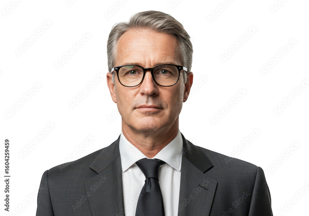 A middleaged man in a suit and tie is wearing glasses in a professional portrait on A middleaged man in a suit and tie is wearing glasses in a professional portrait on