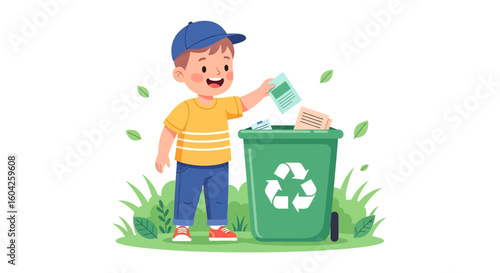 Adobe illustrator artwork vector illustration of a boy recycling paper into green bin with recycle symbol, promoting eco-awareness, sustainability, and environmental responsibility for campaigns.