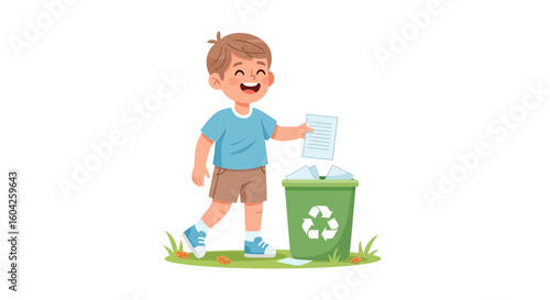 Adobe illustrator artwork vector illustration of a boy recycling paper into green bin with recycle symbol, promoting eco-awareness, sustainability, and environmental responsibility for campaigns.