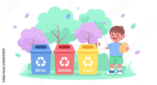 Adobe illustrator artwork vector illustration of a child recycling paper into bins labeled Metal,Organic, and Glass,promoting eco-awareness, waste sorting, and sustainability for educational campaigns