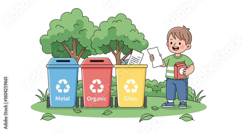 Adobe illustrator artwork vector illustration of a child recycling paper into bins labeled Metal,Organic, and Glass,promoting eco-awareness, waste sorting, and sustainability for educational campaigns