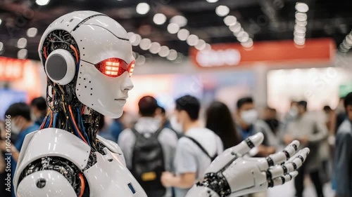 Futuristic humanoid robot with glowing eyes in a crowded exhibition hall setting