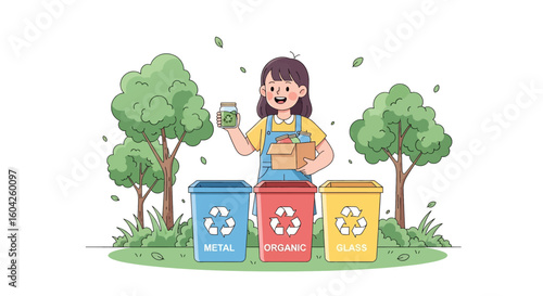 Adobe illustrator artwork vector illustration of a girl recycling into labeled bins—Metal, Organic, Glass—promoting eco-awareness, waste segregation, and sustainability for educational campaigns.