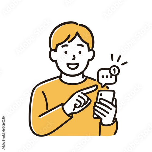 Young man pointing smartphone chat notification, minimal line art illustration