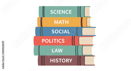 Stack of colorful books representing Science, Math, Social Studies, Politics, Law & History