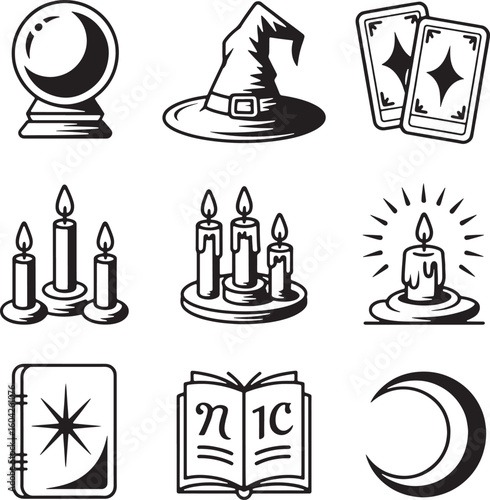 Crystal ball witch hat tarot cards candles book moon fortune telling divination
